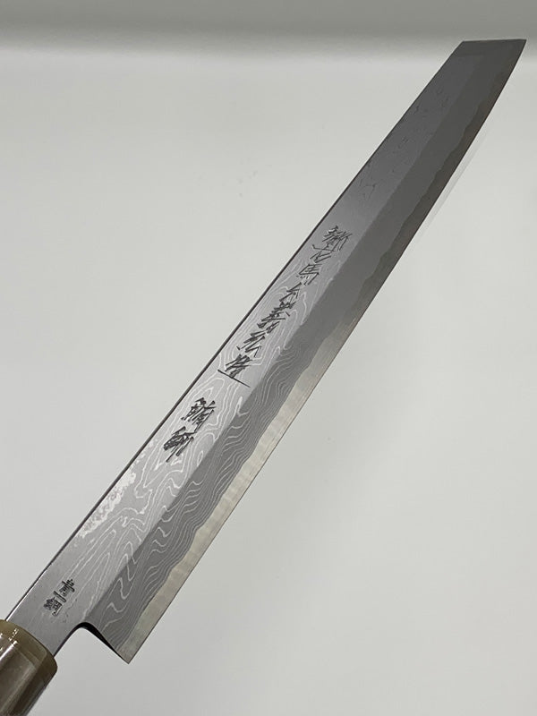 SHIBISI MODEL|Suminagashi finishing kirituke-yanagi blade|青一墨流し 柳切付包丁270MM 銀巻黒檀八角柄(白水牛)/朴鞘付属