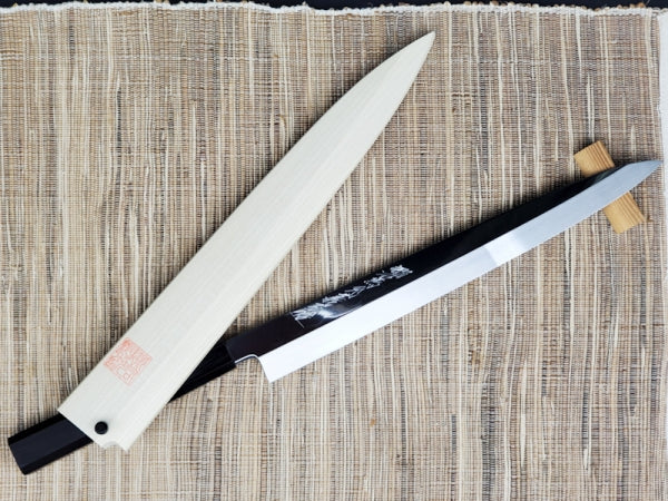 Mizuyaki Honyaki Mirror surface wave floating yanagi blade|郷右馬允義弘 水焼本焼 柳刃270mm 鏡面波浮かし仕様 黒檀八角柄/朴鞘