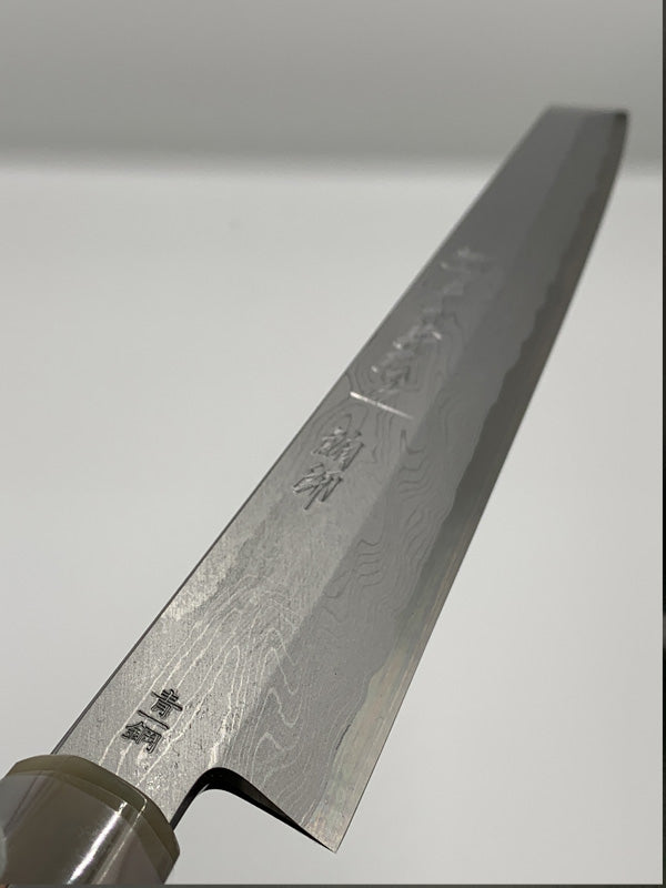 青一墨流し 柳切付包丁270MM　銀巻黒檀八角柄（白水牛）/朴鞘付属