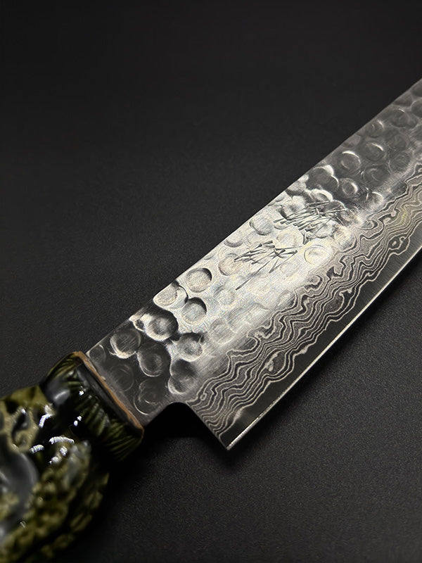 SHIBISI model 堺刃物｜ ORIBE庖丁（織部包丁）｜鎚目仕上げ鍛造ダマスカス 和筋引240MM (織部焼柄)